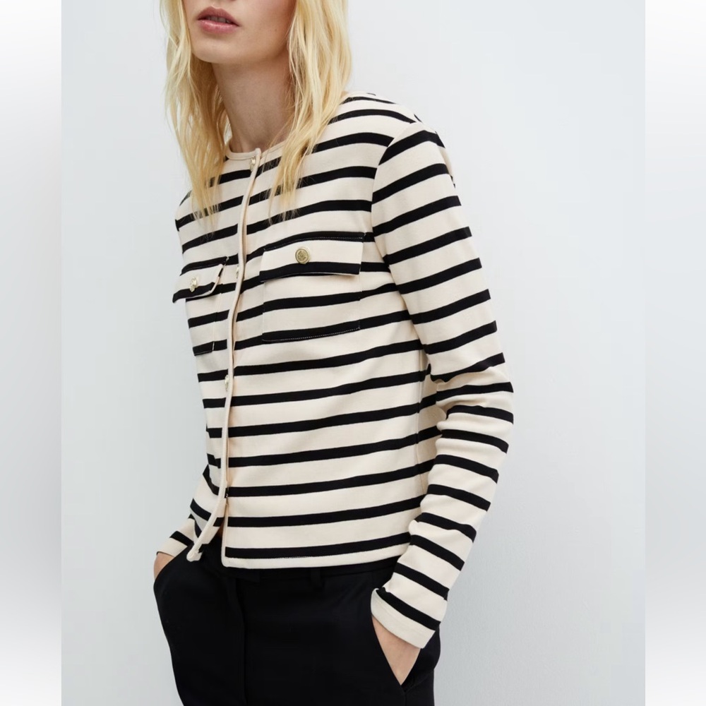 MANGO Buttons Striped Cardigan - Black & Cream - Small